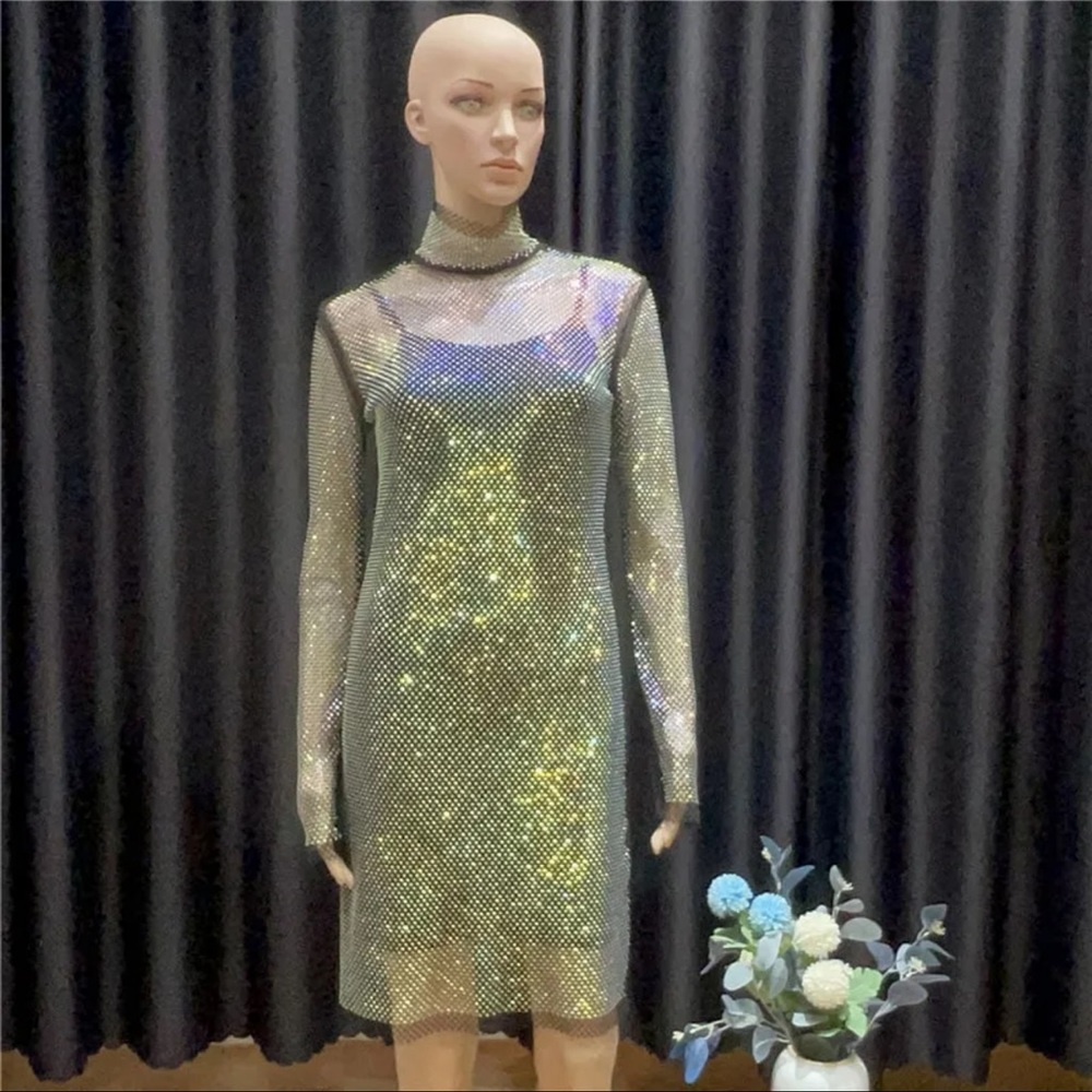 #158 2pc Shiny Diamonds Rhinestones lady Mesh Temperament Slim Turtleneck Sexy